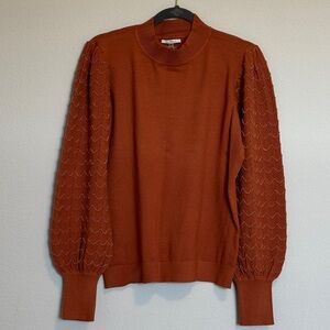 Elegant Rust Turtleneck Sweater with Textured Sleeves